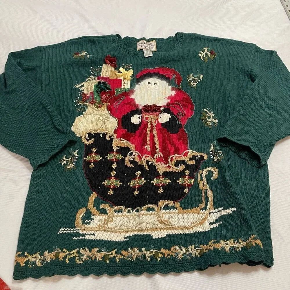 Heirloom Collectibles Green VTG Santa Embroidered Sweater Size XL